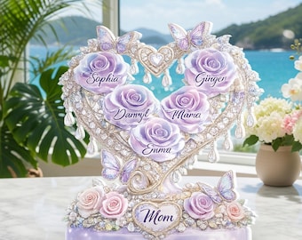 Placa personalizada de corazón de rosa para mamá, regalo floral personalizado de acrílico para mamá, regalo del Día de la Madre con nombres, elegante decoración floral.
