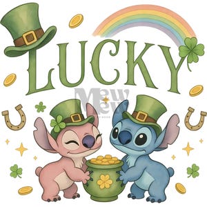 May include: A St. Patrick's Day themed illustration featuring two cartoon characters wearing green top hats and holding a pot of gold. The word "LUCKY" is written in large green letters above them, with a rainbow and shamrocks.
