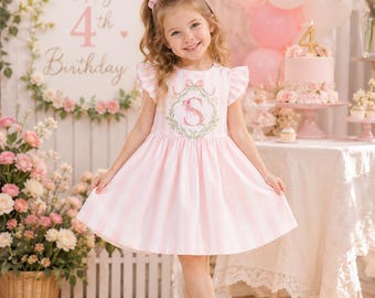 Custom Initial Birthday Dress, Pink Stripe Toddler Dress, Floral Monogram Party Dress, Cute Birthday Outfit, First Birthday Photoshoot Dress
