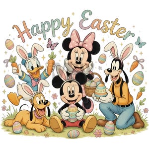 以下が含まれることがあります： ミッキーマウス、ミニーマウス、ドナルドダック、グーフィー、プルートがイースターを祝うカラフルなイラスト。イースターエッグ、ニンジン、パステルカラーの「Happy Easter」の文字が含まれています。キャラクターはウサギの耳をしています。