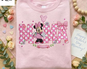 T-shirt Minnie Mama, chemise brodée à pois, cadeau mignon pour maman, t-shirt personnage de dessin animé, chemise fête des mères pour maman