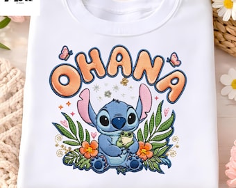 T-shirt Ohana, chemise brodée, t-shirt famille dessin animé mignon, cadeau inspiré de Disney, chemise familiale assortie