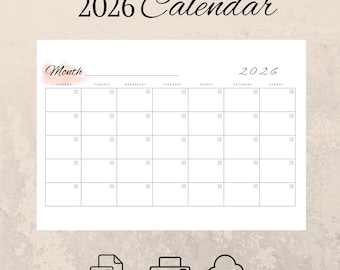Kalender 2026, Monatsplaner 2026 Landschaft, Eleganter Monatskalender, DRUCKBARE PDF-Datei, Kalender im Boho-Stil