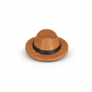 May include: A small brown hat with a black band. The hat features a rounded crown and a wide brim. The hat is made of a textured material and is set against a white background.