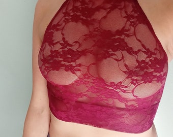 Burgundy Red Lace See Through Tops, Sheer Choker Crop Top, Women's Clothing Lingerie Shirt, Holiday New Years Outfit, Gift for Her