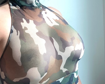 Camouflage See Through Tops, Camo Sheer Crop Top for Women, See Thru Clothing Choker Bralette