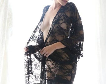 Black See Through Lace Kimono, White Robe for Bride or Bridesmaid, Short Robes