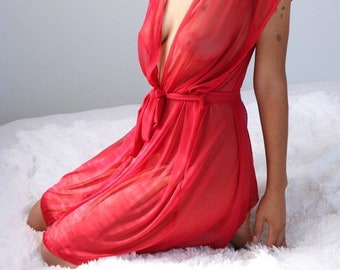 Red Sheer Kimono Robe, Robes for Women, Kimonos with Hood, See Through Bridesmaid Sleeveless Cover Up