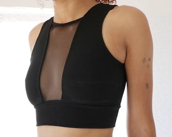 Black Jersey and Sheer Mesh Crop Top, Crop Tops for Women, Handmade Goth Lingerie Tank Bralette Shirt