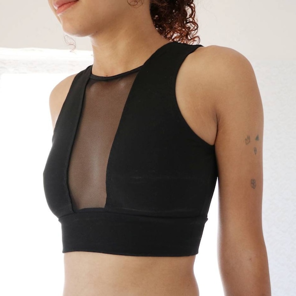 Black Jersey and Sheer Mesh Crop Top, Crop Tops for Women, Handmade Goth Lingerie Tank Bralette Shirt