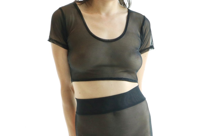 Short Sleeve Blouse for Women, Mothersday Gift for Wife Sheer Short Shirt, See Through Lingerie Set Crop Top and Skirt image 2