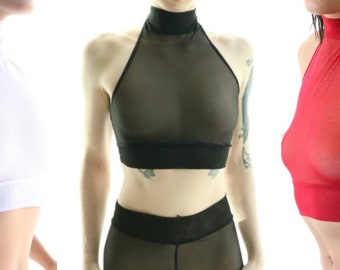 Black Red White Shirt See Through Tops, Sheer Choker Crop Top, Women's Clothing Lingerie Shirt, Lingeries Festival, Recherche Blouse