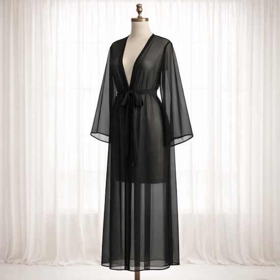 Luxury Black Kimono for Photo Shoot, Long Bridal Robe for Lounging, Bridesmaid Cover Up