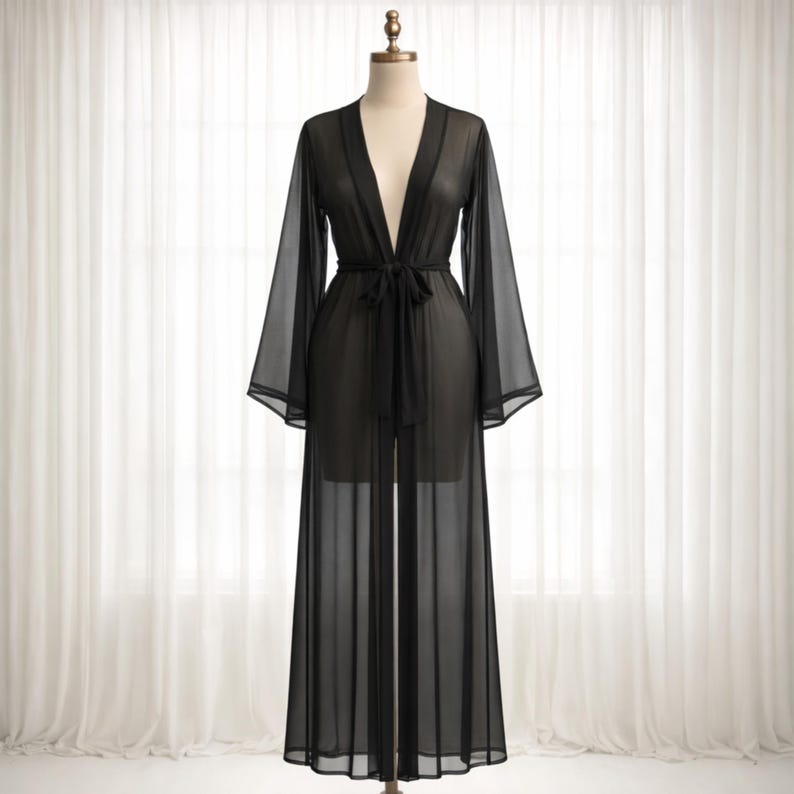 Luxe zwarte kimono voor fotoshoot, lang bruidsgewaad om in te loungen, bedekken bruidsmeisje afbeelding 3