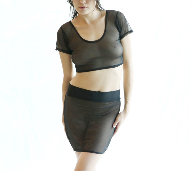 Short Sleeve Blouse for Women, Mothersday Gift for Wife Sheer Short Shirt, See Through Lingerie Set Crop Top and Skirt image 3