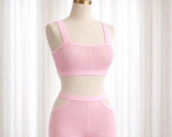 Conjunto de lencería de pantalones de yoga transparentes y bralette, leggings transparentes para fiestas rave, top corto para festivales.