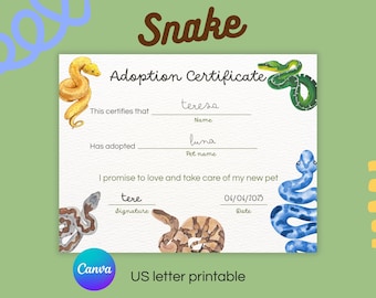 Snake Adoption Certificate Printable for Kids Editable Text Canva Template Reptile Pet Care Activity US Letter serpenter adoption sheet