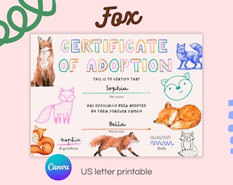 Fox Adoption Certificate Printable for Kids Editable Text Canva Template Woodland Animal Activity 7x5 Inches fox party printable decor