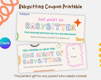 Babysitting Coupon Printable Gift Voucher for Parents One Night of Babysitting Editable Canva Template Instant Download