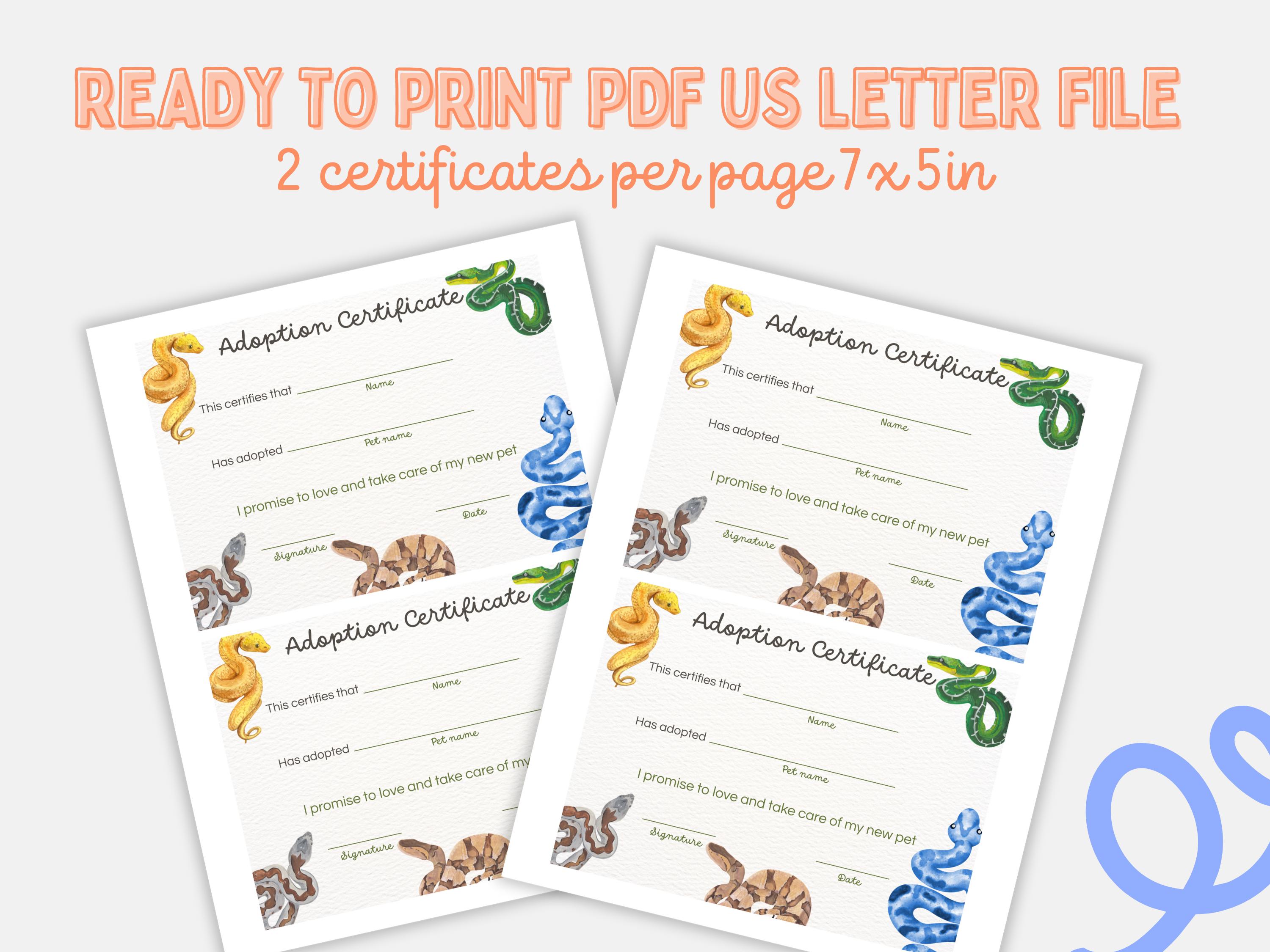 Reptile Rescue Form Snake Adoption Certificate Printable for Kids Editable Text Canva ...