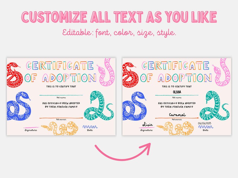 Snake Rescue Words Sign Snake Adoption Certificate Printable for Kids, Editable Canva Template ...