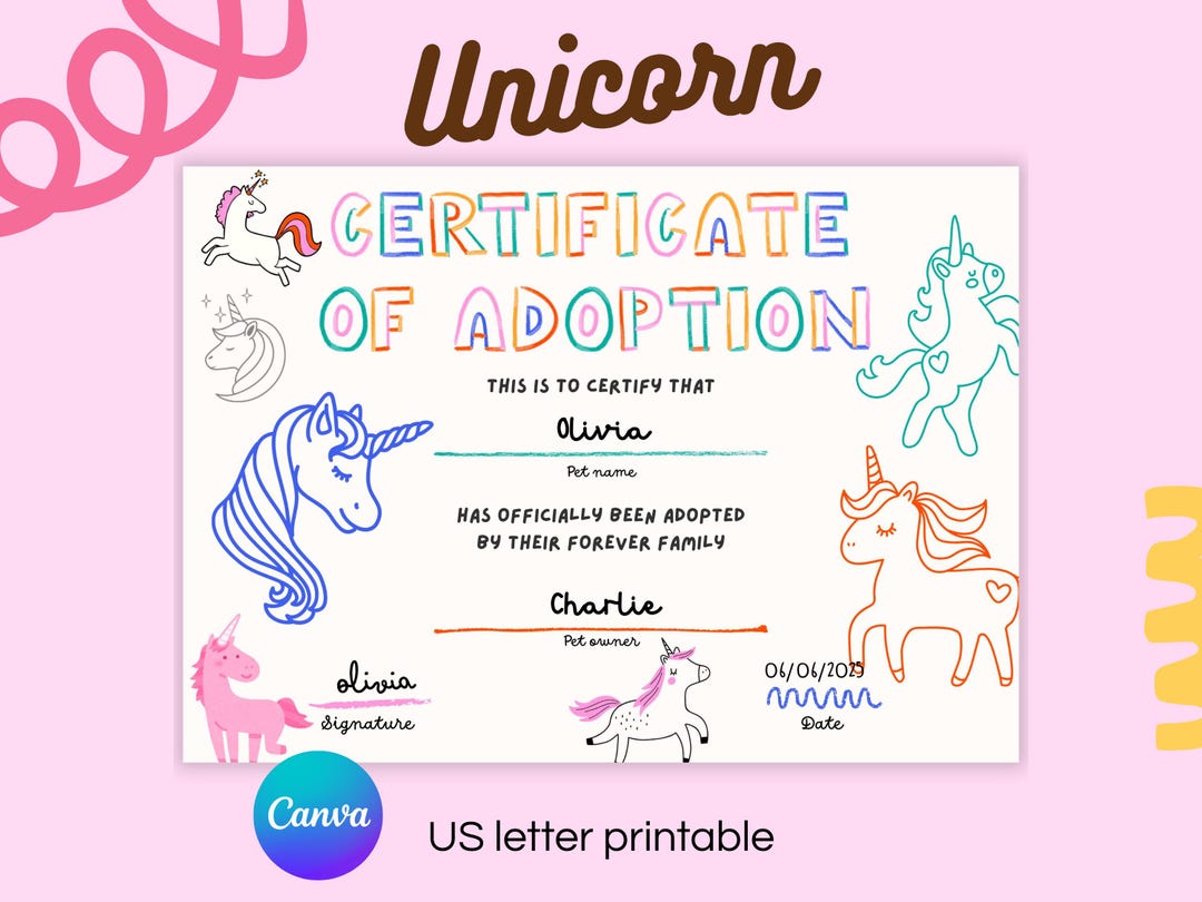 Unicorn Adoption Certificate Printable: Magical Kids Activity (digital ...