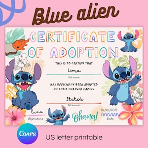 Puede incluir: Certificado de adopción colorido con un personaje alienígena azul, flores y el texto "Certificate of Adoption". El certificado incluye el nombre "Luna" y la fecha 06/06/2025. También se ven las palabras "Ohana!" y "US letter printable".