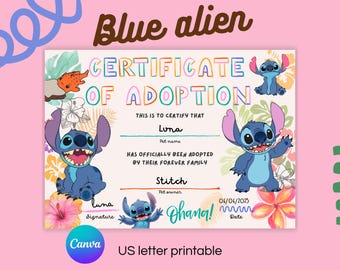 Alien Adoption Certificate Printable for Kids Editable Text Canva Template Cute Blue Alien Party Activity 7x5 Inches