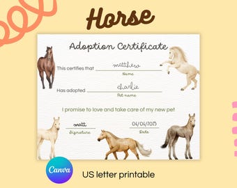 Horse Adoption Certificate Printable Editable Canva Template Kids Pony Adoption Activity for Parties & Classrooms