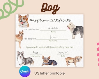 Dog Adoption Certificate Printable for Kids Editable Canva Template Cute Puppy Pet Care Activity US Letter