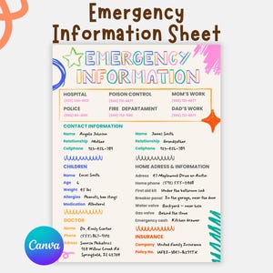 Emergency Information Sheet Printable | Babysitter Emergency Contact Form | Nanny Info Sheet PDF | Kids Emergency Card | Instant Download