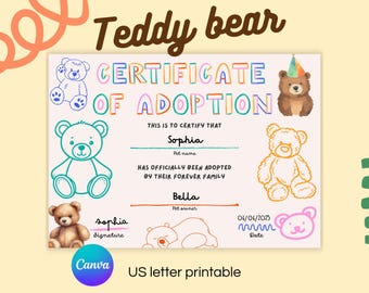 Teddy Bear Adoption Certificate Printable for Kids Editable Text Canva Template Plush Adoption Keepsake 7x5 Inches
