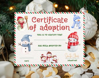 Snowman Adoption Certificate | Christmas Holiday Printable (PDF & PNG)
