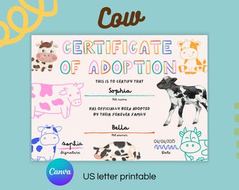 Cow Adoption Certificate Printable for Kids Editable Text Canva Template Farm Animal Activity 7x5 Inches
