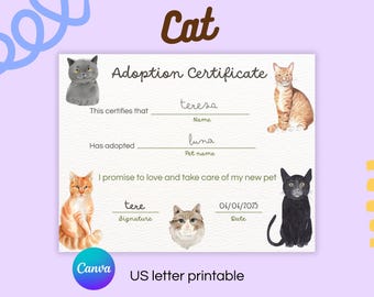 Cat Adoption Certificate Printable for Kids Editable Canva Template Cute Pet Adoption Activity US Letter