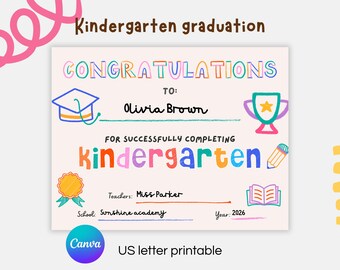 Kindergarten Graduation Certificate, Colorful Award (US Letter Printable)