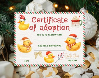 Yellow Rubber Duck Adoption Certificate | Holiday Keepsake (PDF & PNG) Santa present duck