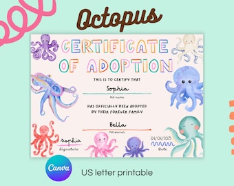 Octopus Adoption Certificate Printable for Kids Editable Text Canva Template Ocean Animal Learning Activity 7x5 Inches