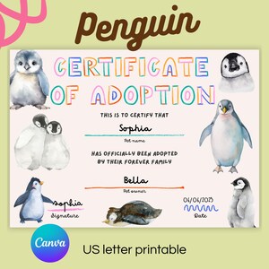 May include: A light pink adoption certificate with penguin illustrations. The certificate includes the text "Penguin Certificate of Adoption" and spaces to fill in the pet's name, owner's name, and the date. The certificate is US letter size.