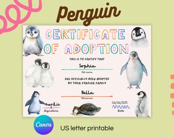 Penguin Adoption Certificate Printable for Kids Editable Text Canva Template Polar Animal Activity 7x5 Inches Penguin party