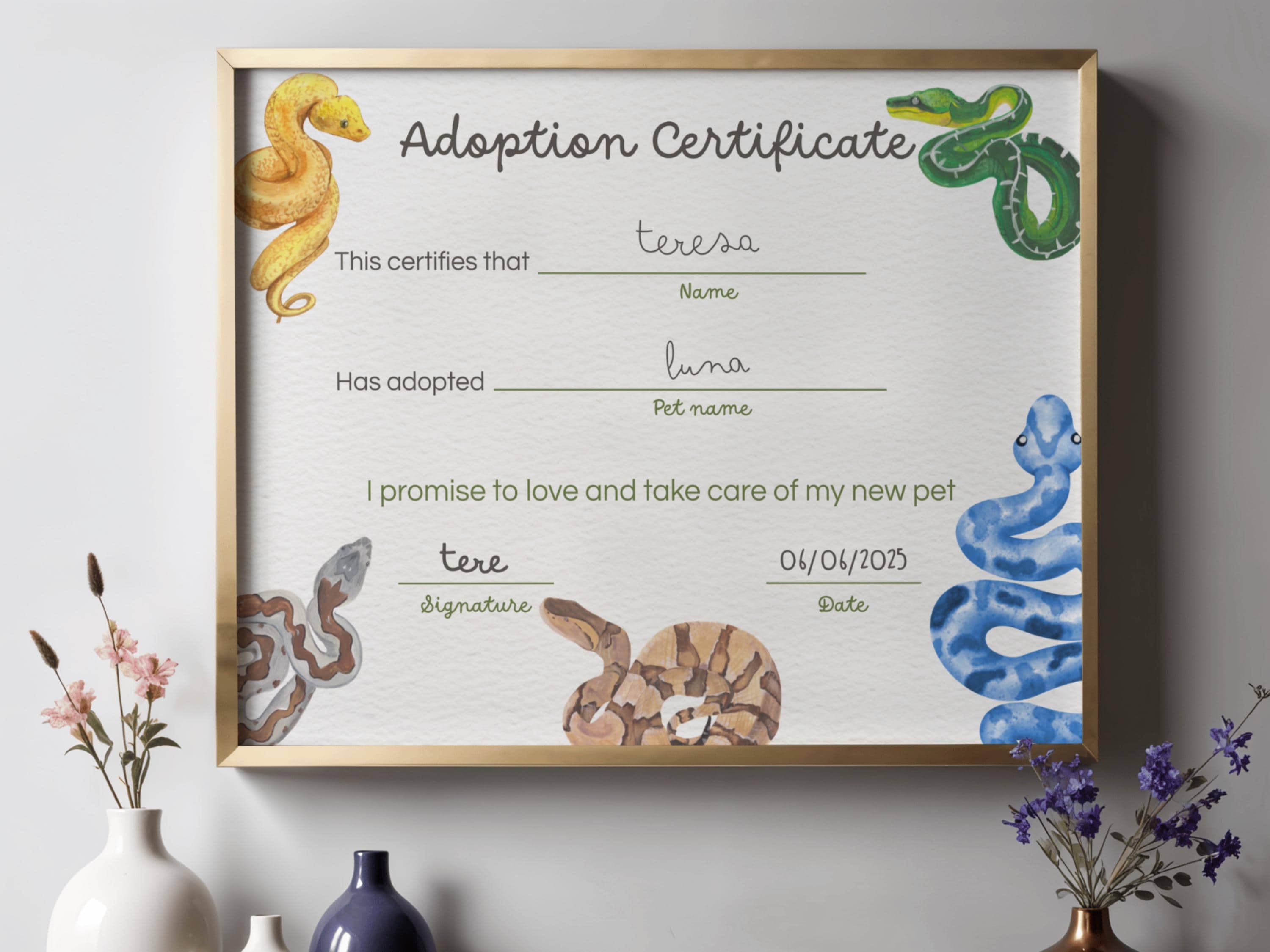 Reptile Rescue Form Snake Adoption Certificate Printable for Kids Editable Text Canva ...