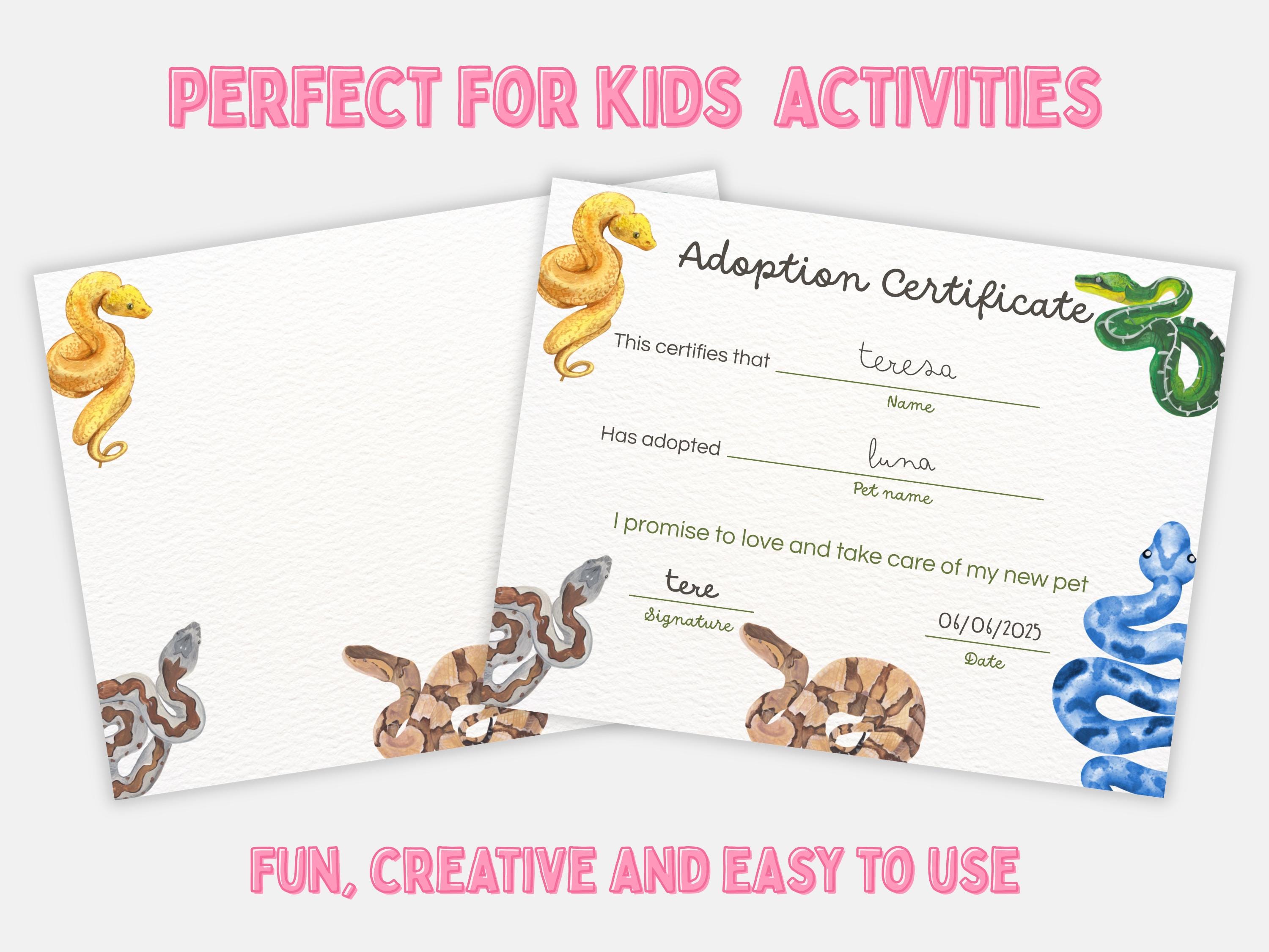 Reptile Rescue Form Snake Adoption Certificate Printable for Kids Editable Text Canva ...