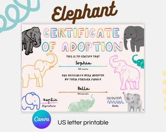 Elephant Adoption Certificate Printable for Kids Editable Text Canva Template Wildlife Keepsake 7x5 Inches