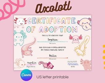 Axolotl Adoption Certificate Printable for Kids Editable Text Canva Template Cute Aquatic Animal Activity 7x5 Inches