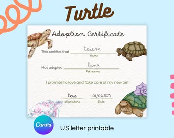 Turtle Adoption Certificate Printable for Kids Ocean Animal Adoption Keepsake Editable Award Instant Download