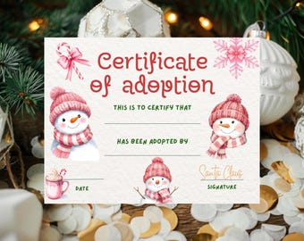Pink Snowman Adoption Certificate, Christmas Keepsake (PDF & PNG)
