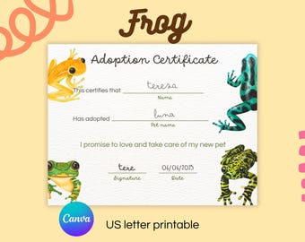Frog adoption certificate printable for kids editable canva template amphibian pet adoption activity US letter rescue pet amigurumi