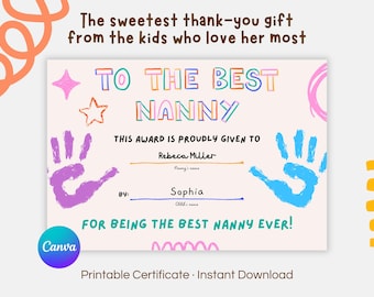 Best Nanny Ever Certificate Printable | Nanny Appreciation Award | Babysitter Thank You Certificate | Kids Award PDF | Instant Download