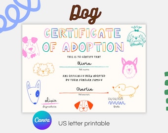 Dog Adoption Certificate Printable: Kids Pretend Play Award (Digital Download)