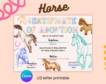 Horse Adoption Certificate Printable for Kids Editable Text Canva Template Nature Bond Activity 7x5 Inches